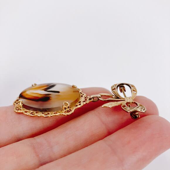Vintage 1940s 12K Gold Filled Bow Brooch Gemstone Cabochon Mid Century Pin - Picture 4 of 14